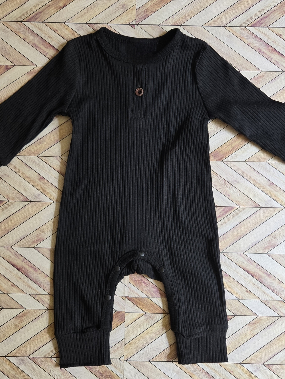 Baby Boy Girl Ribbed Black Long Sleeve Button Jumpsuit Cotton Onepiece 9-12M